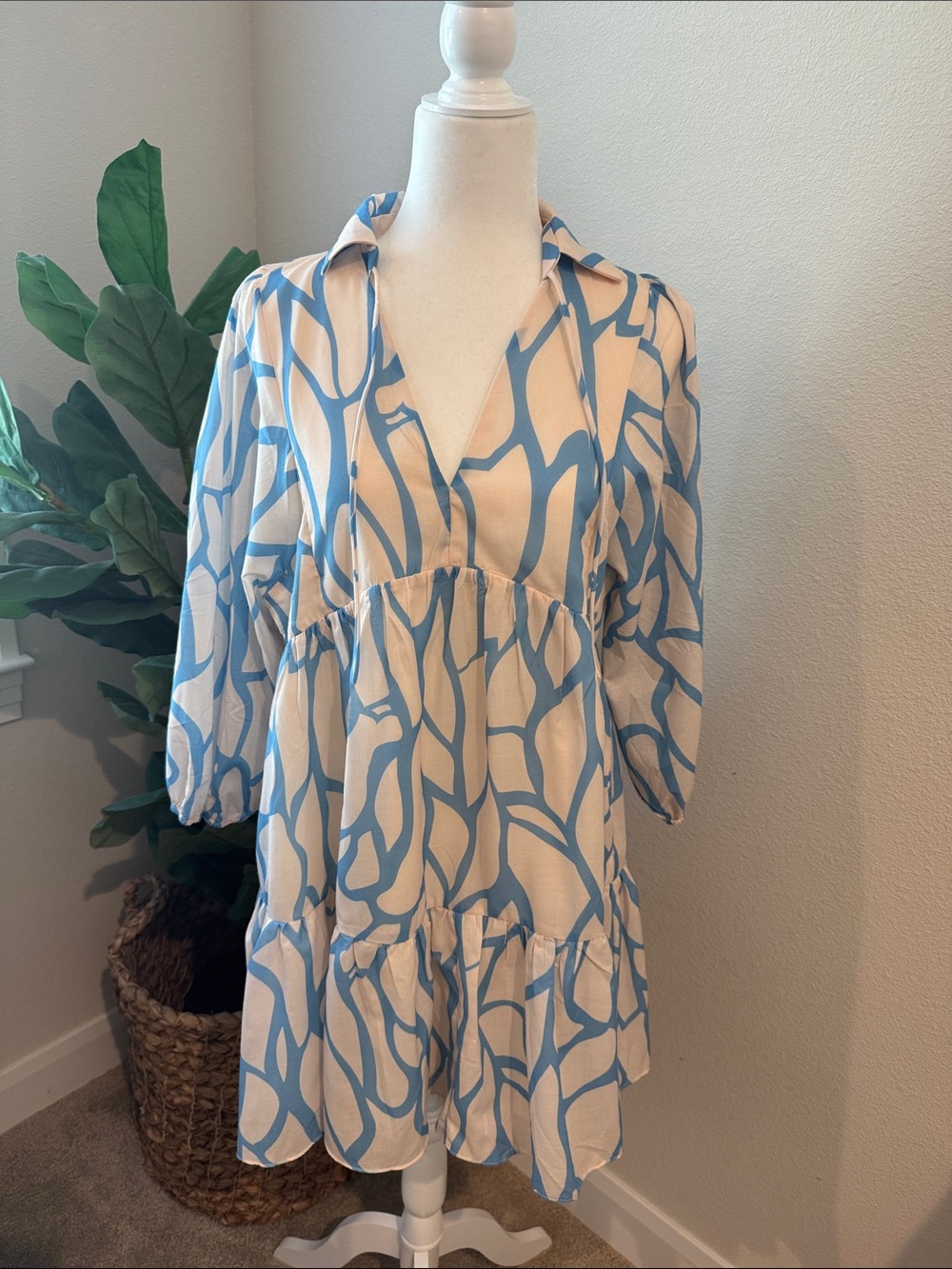 Ivory & Sky Blue V-Neck Tiered Tunic Dress